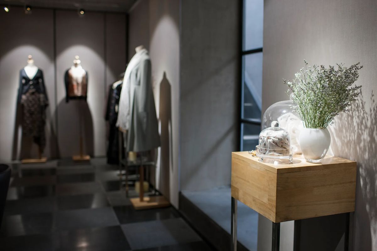 Interno di una boutique di lusso con illuminazione scenografica su manichini in vetrina