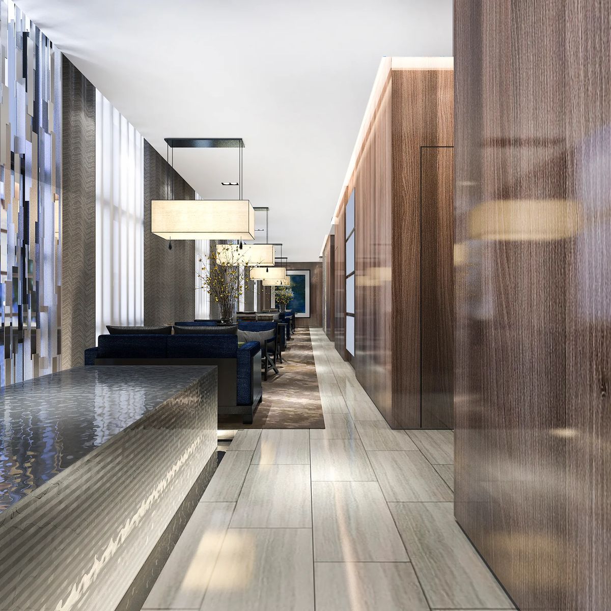 Corridoio di un hotel di lusso con illuminazione calda e rivestimenti in legno pregiato